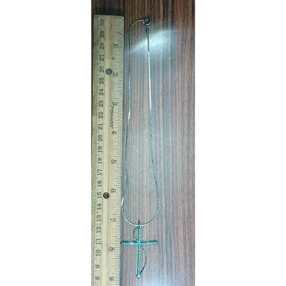 Vintage 925 Turquoise Cross & Chain Native American Southwestern Beauty Necklace - Picture 8 of 16